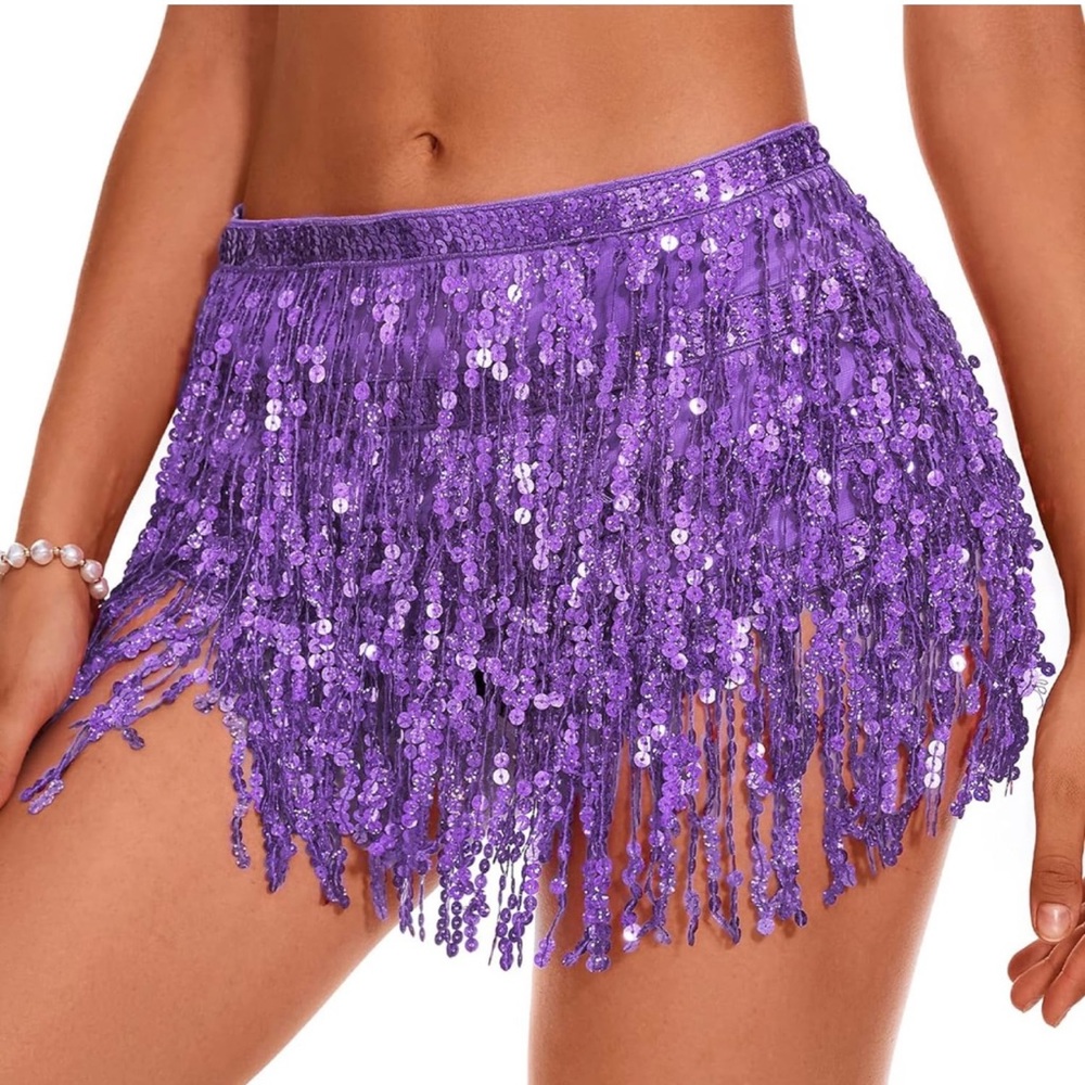 Women's OS Sequin Purple Skirt Belly Dance Wrap Tassel Hip Shoulder Scarf Fringe